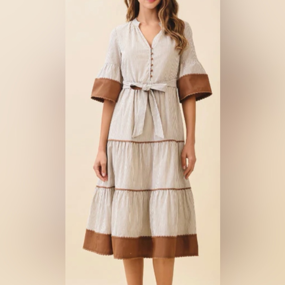 TCEC Cream and Brown Striped Maxi Dress - Picture 1 of 4